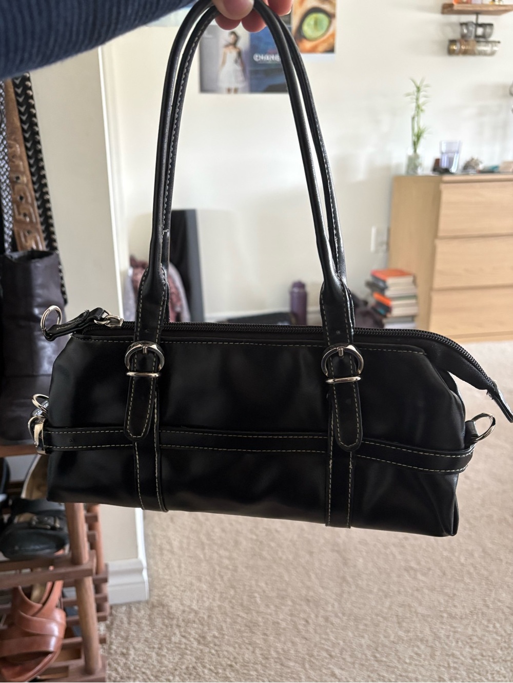 Black Faux Leather Shoulder Bag